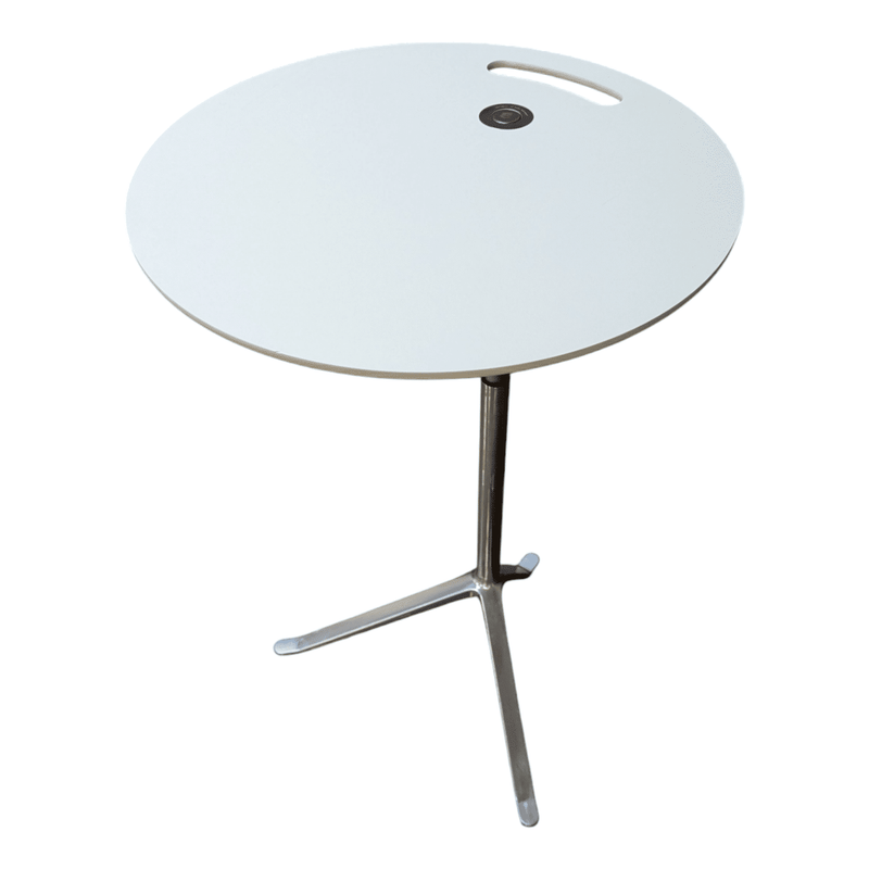 Fritz Hansen Little Friend Height Adjustable Side Table, White Top and Chrome Base.