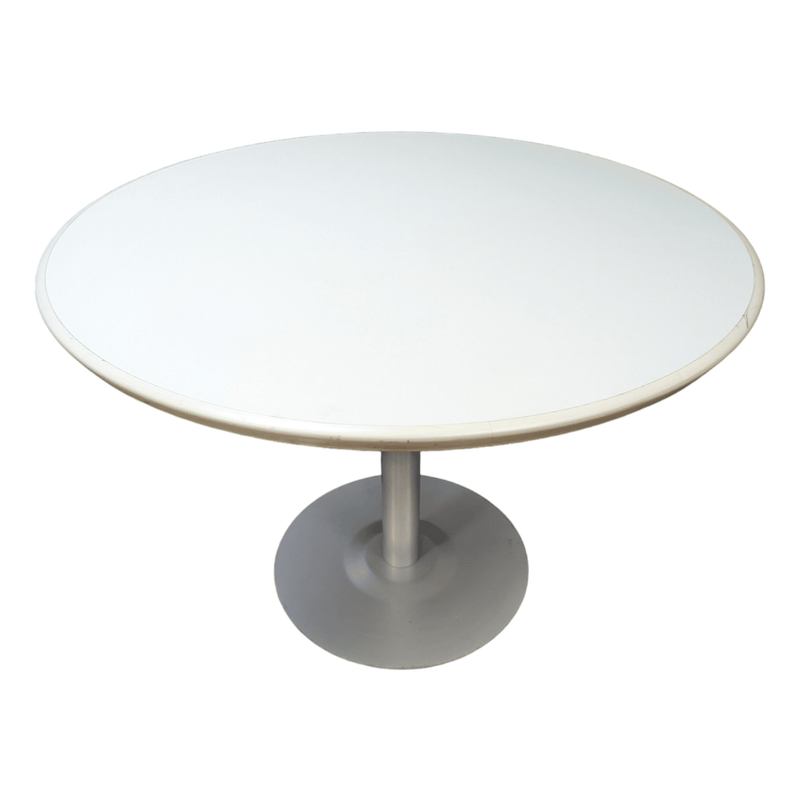Haworth 42" Round Table, White Laminate Finish and Grey Base.