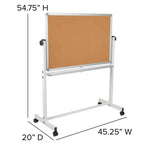 HERCULES Series 45.25"W x 54.75"H Reversible Mobile Cork Bulletin Board and White Board with Pen Tray