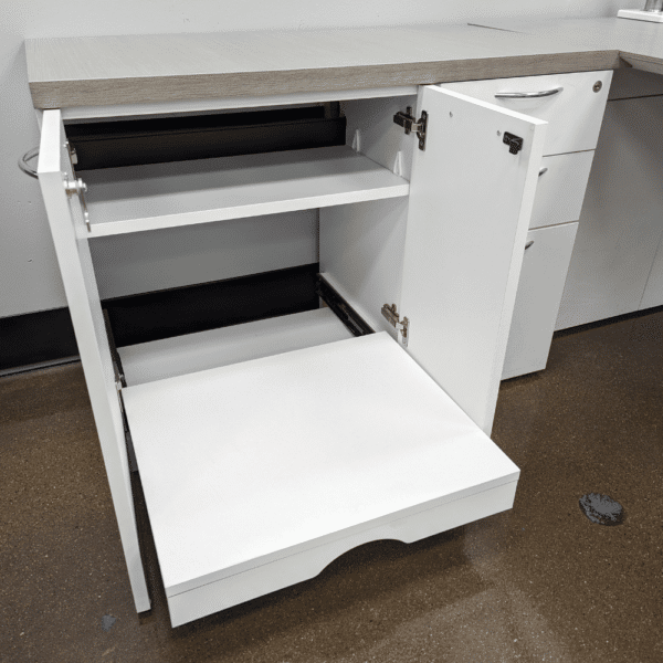 Used STEELCASE 62X40 L-SHAPE D-TOP W/POWER & STORAGE, BBF/2 DR STOR – MUST GO AGAINST WALL
