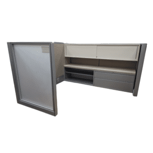 Haworth Compose 7x7 Office Cubicle with a 50-inch height, featuring a 42-inch bottom credenza, 42-inch back panel, and 42-inch overhead storage