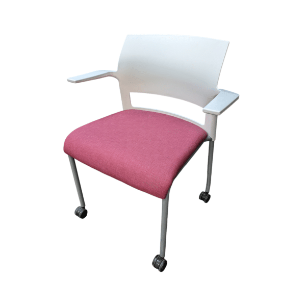 Steelcase mobile stack chair magenta fabric seat white backThe Steelcase mobile stack chair with a magenta fabric seat and white back is a stylish and versatile seating solution that is perfect for any modern workspace. With its durable construction and stackable design, this chair is both practical and functional. The magenta fabric seat provides a pop of color that is sure to brighten up any room, while the white back gives it a sleek and modern look. The chair is mobile, making it easy to move from one area to another, and it can be stacked for convenient storage when not in use. Overall, the Steelcase mobile stack chair is a great choice for anyone looking for a comfortable and stylish seating option that is both practical and functional.