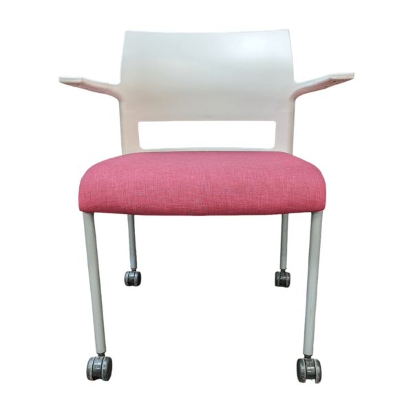 Steelcase mobile stack chair magenta fabric seat white backThe Steelcase mobile stack chair with a magenta fabric seat and white back is a stylish and versatile seating solution that is perfect for any modern workspace. With its durable construction and stackable design, this chair is both practical and functional. The magenta fabric seat provides a pop of color that is sure to brighten up any room, while the white back gives it a sleek and modern look. The chair is mobile, making it easy to move from one area to another, and it can be stacked for convenient storage when not in use. Overall, the Steelcase mobile stack chair is a great choice for anyone looking for a comfortable and stylish seating option that is both practical and functional.