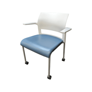 Steelcase mobile stack chair blue vinyl seat white back The Steelcase mobile stack chair with a blue vinyl seat and white back is a versatile and stylish seating option for any workspace. With its modern design and comfortable vinyl seat, this chair is perfect for both short and long periods of sitting. The chair is also mobile and stackable, making it easy to move and store when not in use. The white backrest adds a clean and sleek look to the chair, while the sturdy steel frame ensures durability and stability. Whether you need seating for a conference room, classroom, or office, the Steelcase mobile stack chair is a great choice.