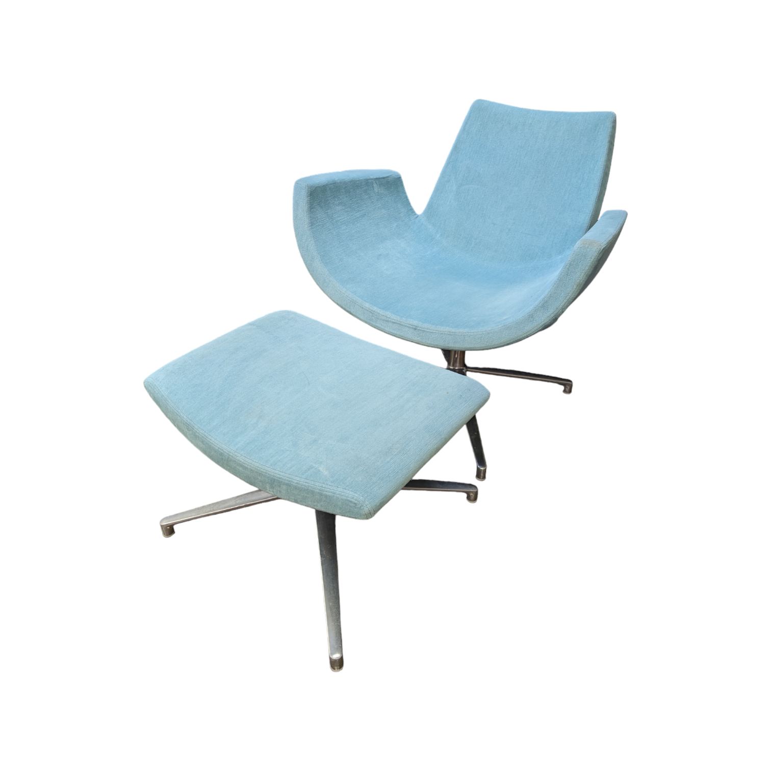 Used gordon teal fabric lounge chair with matching ottomon