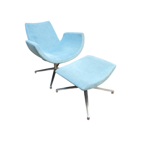 Used gordon teal fabric lounge chair with matching ottomon