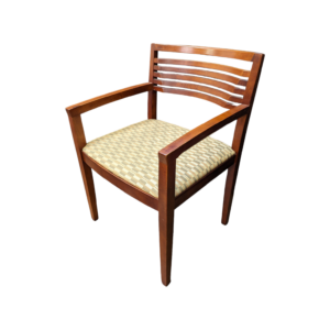 Used kimball studio ricchio guest chair, cherry wood frame with tan pattern fabric